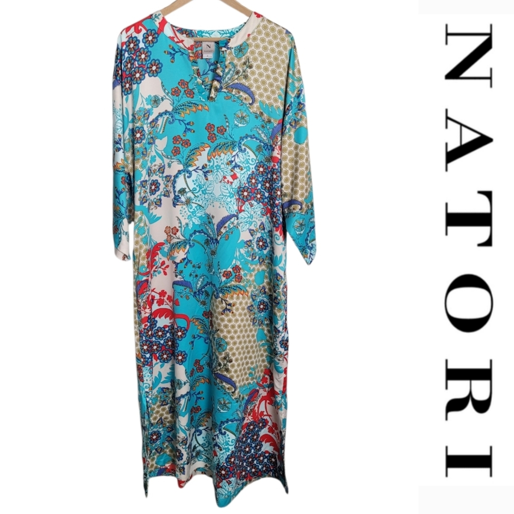Natori Turquoise Floral Print Caftan
